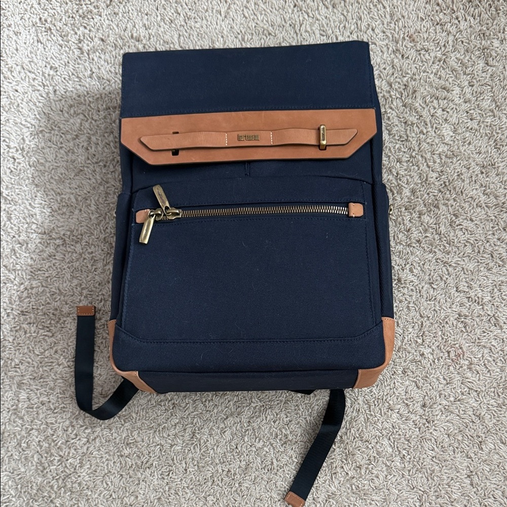 Canvas Backpack with Tan Leather Accents - Navy